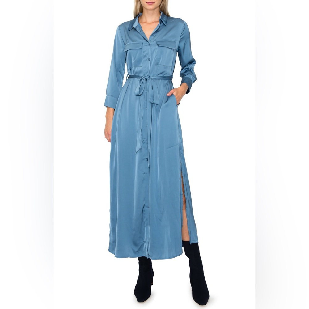 MELLODAY Blue Long Sleeve Shirt Dress with Notched Collar and Tie